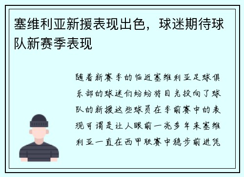 塞维利亚新援表现出色，球迷期待球队新赛季表现