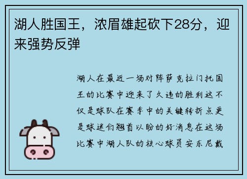 湖人胜国王，浓眉雄起砍下28分，迎来强势反弹