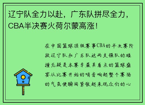 辽宁队全力以赴，广东队拼尽全力，CBA半决赛火荷尔蒙高涨！