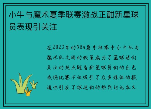 小牛与魔术夏季联赛激战正酣新星球员表现引关注