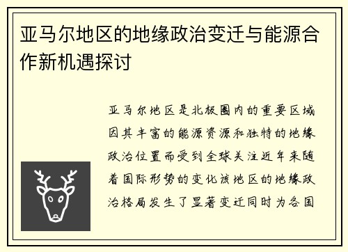 亚马尔地区的地缘政治变迁与能源合作新机遇探讨